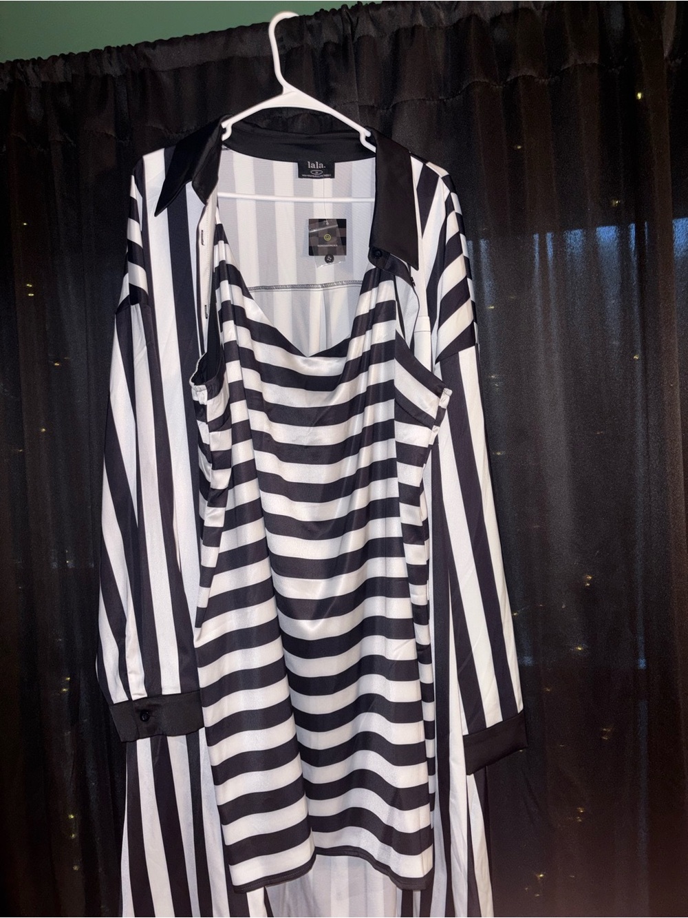 DRESSED IN LALA Striped Black & White Slip dress and duster (satin material) - Picture 6 of 8